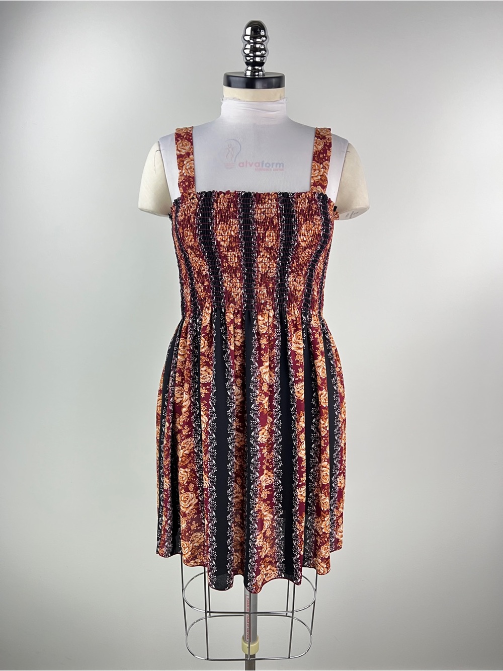 💚 3608. Floral Stripe Smocked Tunic Dress in Burgundy and Black